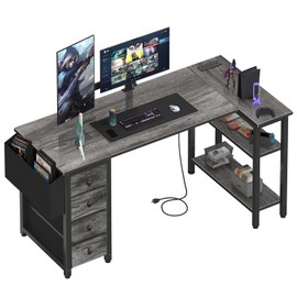Lufeiya L Shaped Gaming Desk with Drawers & Storage Shelves, 55 Inch Corner Computer Desk with Power Outlet for Home Office Bedroom, L-Shaped Teen PC Desks with Fabric Drawer, Gray