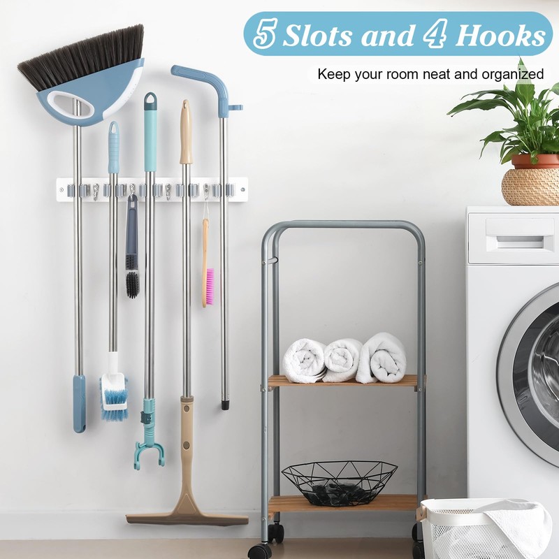 White Broom Holder Wall Mount - Heavy Duty Wood Mop