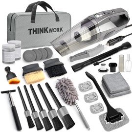 THINKWORK Car Cleaning Kit, Car Detailing Kit Interior Cleaner with High Power Handheld Vacuum, 10Pcs Detailing Brush and Storage Bag, Gray Auto Interior Cleaning Kit for Men