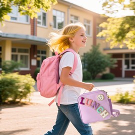 Insulated Lunch Bag With Adjustable Shoulder Strap, Nylon Lunchbox Large Insulated Lunch Box Reusable Lunch Tote Bag with Smiley Preppy Lunch Bag for Girls Travel Picnic Office Working (Purple)
