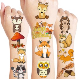 Cute Woodland First Temporary Tattoos Fox 1st Birthday Party Decorations Favors SuppliesAnimals Themed Stickers 10 Sheets 100 PCS Gifts for Baby Kids Girls Boys Decor Class School Carnival Christmas