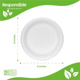 Responsible Products 6 inch Round Plates, Tree-Less™ Compostable Molded Fiber Round Plates, Extra Strength, Tree-Free and Made Without PFAS, White (50 Count)