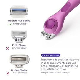 Flamingo Moisture Plus - Juego de maquinilla de afeitar para mujer, no necesita gel de afeitar, mango de afeitar, 4 recambios de cuchilla, soporte de 