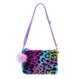 Fuzzy Plush Leopard Crossbody Purse for Girls Kids Rainbow Faux Fur Shoulder Bag Handbag Wallet with Pompom