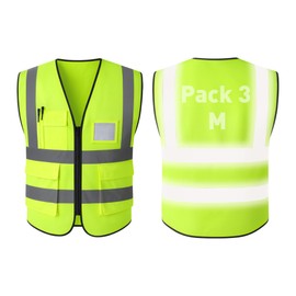 Simonetta Vespetti Chaleco de Seguridad con Tiras Reflectantes y Cierre, 3 Pzas, 3 Bolsillos Exteriores 1 Bolsillo Transparente, Perfecto para Industria y Otras Actividades, Poliéster (M, Verde, 3)