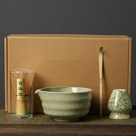 Matcha Whisk Set, 4 Pieces, Matcha Bowl with Pouring Spout and Whisk, Matcha Scoop, Matcha Whisk Stand (Chasen Holder) - Set of 4 for Matcha Tea Ceremony, Classic Green