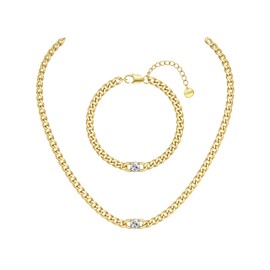 Adramata Necklace Chain Bracelet for Men and Women 4.5 mm Wide Stainless Steel Chain 14K Gold-Plated Necklace Bracelet Set Waterproof Zirconia Silver Chain 40/45/50 cm Adjustable Length, Stainless