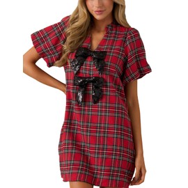 Women Plaid Mini Dress V Neck Lantern Short Sleeve Bow Front Shift Dress with Pocket Red