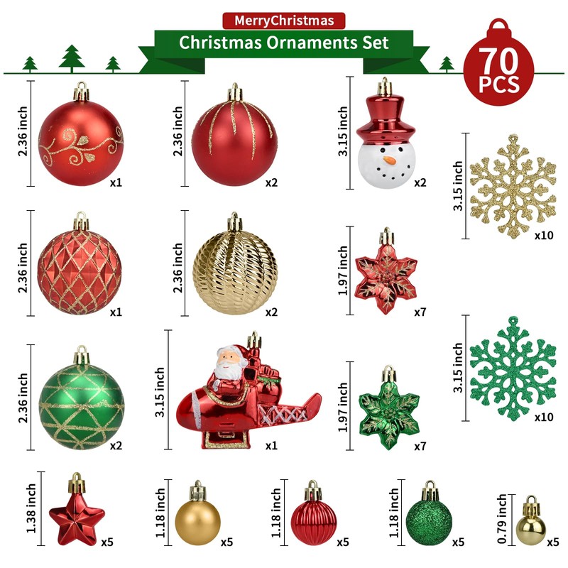 70 Pcs Christmas Ball Ornaments Set，Shatterproof Gold Ornaments for Xmas