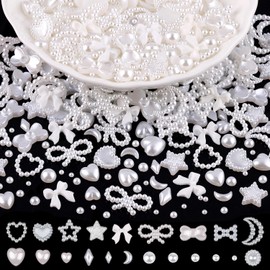 1200Pcs 3D Multi Shapes Nail Charms and Flatback Pearls, White Mix Styles Heart Star Bow Sunflower Embellishments for Nail Art, Craft and Decoration with Tweezer and Pickup Pencil