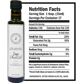 Zakarian: Cold-Pressed Extra Virgin Sage Olive Oil - Made from Organic Greek Olives and Sage - 250 ml - Ultra-Premium, Low Acidity - Best Served with Bread, Pasta, Salads, Seafood and More
