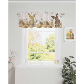 Easter Curtain Valance for Windows Bunny Rabbit Eggs Rod Pocket Valance Window Treatments Flower Floral Leaves Short Curtains for Kitchen Windows Living Room Bedroom Decor 54x18in