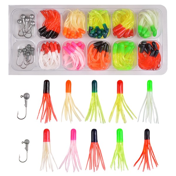 Crappie Lures Jig Heads Kit, Tube Bait Crappie Jig Panfish Kit Crappie Bait Soft Plastic Worms Fishing Lures Kit Mini Jigs for Trout Saltwater Freshwater (110pcs Kit)