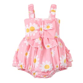 BemeUSWT Baby Girl Romper Casual Sleeveless Bow Front Floral Print Bodysuit Newborn Playsuit Summer Clothes (Pink, 18-24 Months)
