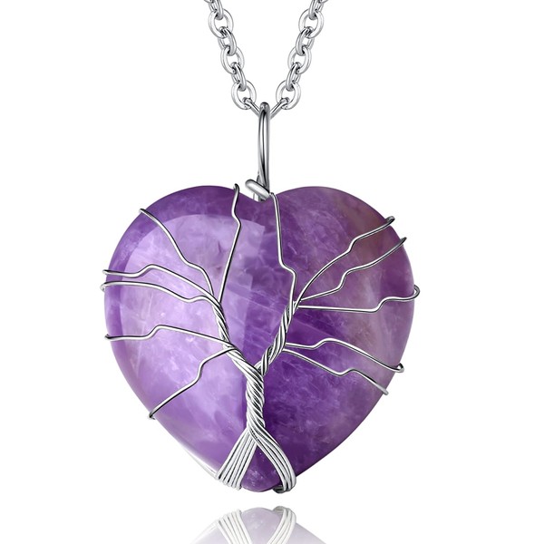 XIANNVXI Amethyst Healing Crystal Stone Necklaces Life Tree Wire Wrapped Heart Gemstone Pendant Necklace Natural Spiritual Witchcraft Reiki Quartz jewelry for Women Girls