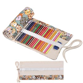 Fatiya 36 Slot Canvas Roll Up Pencil Case, Artist Colored Pencil Warp Pen Roll Holder, Portable Rolling Pencil Pouch Organizer for Marker Drawing Coloring Sketching Supplies (Cat)
