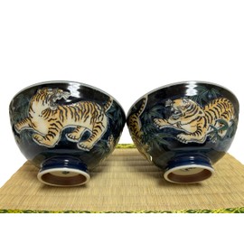 j-pure hitomi Japanese Mino Ware Ceramic Rice Bowl Set, Tiger and Bamboo Pattern, 4.84 Inches Diameter x H2.56 Inches, 13.3 Fluid Ounces, Set of 2 from Japan (Tiger Design)