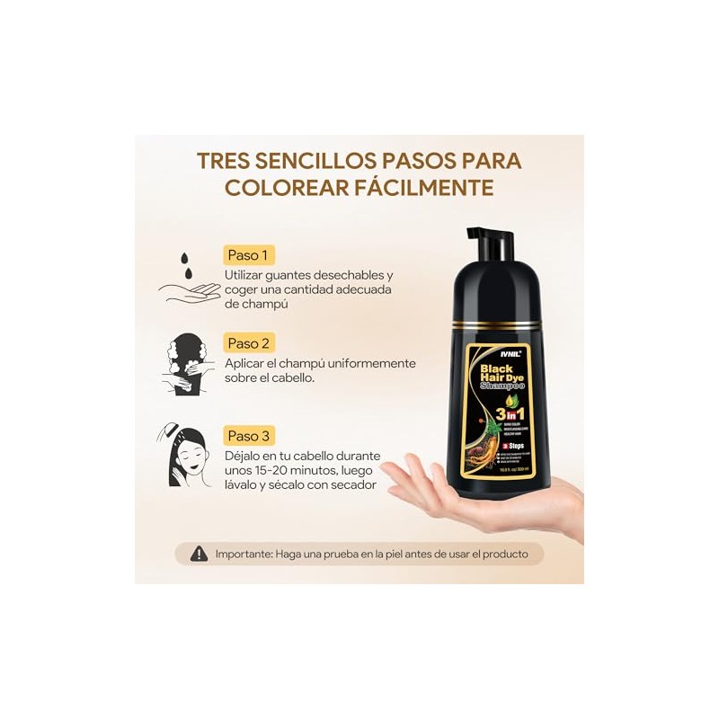 Black Hair Dye Shampoo 3 in 1, Shampoo para Canas