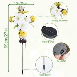 HFYZZ Easter Lily Cross Spring Garden Stake, Natural Rattan Lily Flower Solar Cross Metal Stake with Led Warm Lights for Easter Christian Holiday Party Decor Grave Gifts