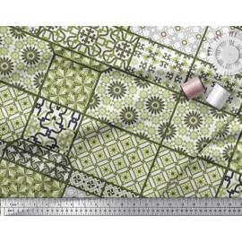Soimoi Green Rayon Fabric Geometric,Damask & Mandala Patchwork Printed Craft Fabric BTY 42 Inch Wide