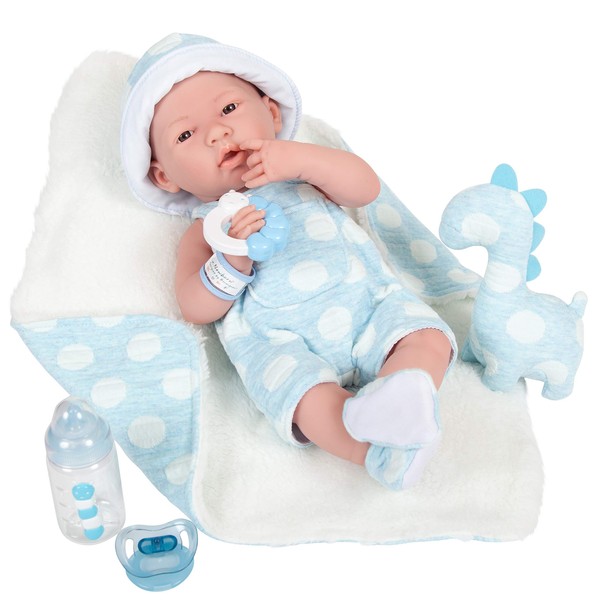 JC Toys La Newborn All-Vinyl-Anatomically Correct Real Boy 15" Baby Doll in Blue and Deluxe Accessories, Designed by Berenguer., Blue - Dots, Model:18064