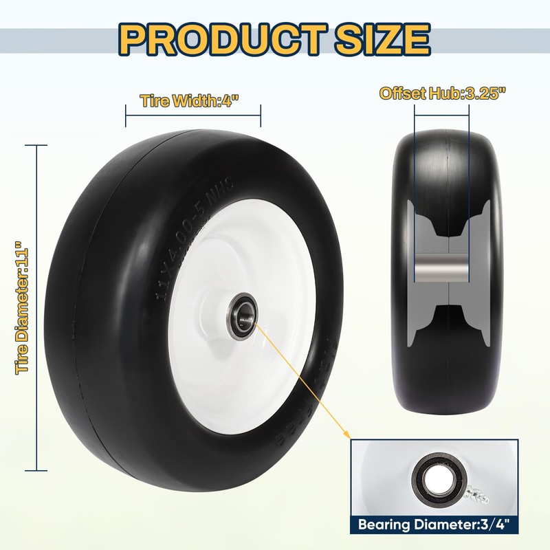 11x4.00-5 Lawn Mower Tires Flat Free, Zero Turn Mower Front