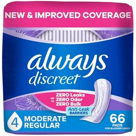 Always Discreet Almohadillas de incontinencia moderadas, hasta 100% protección sin fugas, 66 unidades