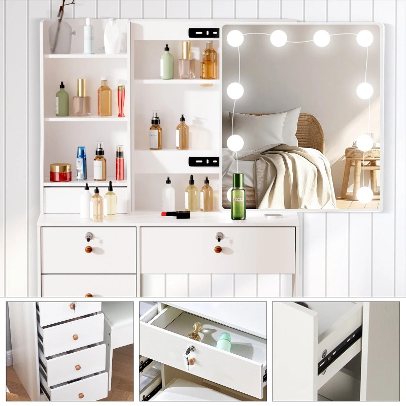 Yamissi Makeup Vanity Set Dressing Table Desk with Stool LED