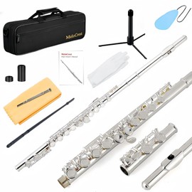 MeloCrest Flutes - Closed Hole C Flute For Beginners, 16-Key Flute with a Carrying Case, Stand, and Cleaning Kit, Tuning Rod, Musical Instrument for Kids, Silver