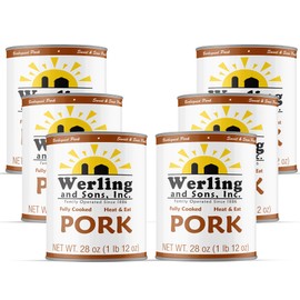 Werling & Sons Canned Pork 28 Oz – Fully Cooked Heat & Eat Canned Meat | Premium Quality, Shelf-Stable | Perfect for Everyday Meals, Emergency Storage, Camping & Survival | Made in USA | 5-Year Shelf Life | Pack of 6