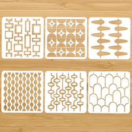 NBEADS 6 Pcs 6 Styles Retro Tile Stencils, Mid Century Modern Painting Stencil Tempalte DIY Art Craft Painting Wall Stencils 11.8×11.8 Inch for Painting on Wood Canvas Paper Furniture Wall