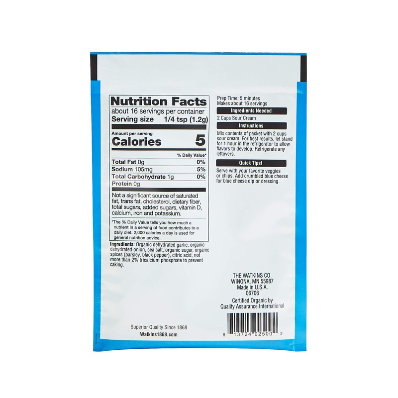 Watkins Organic Gourmet Dip Mix, Ranch, 0.71 oz. Packets, 12-Pack