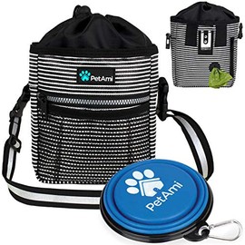 PetAmi Dog Treat Pouch | Dog Training Pouch Bag with Waist Shoulder Strap, Poop Bag Dispenser and Collapsible Bowl | Treat Training Bag for Treats, Kibbles, Pet Toys | 3 Ways to Wear(Black Stripes)