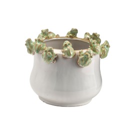 Creative Co-Op Stoneware Planter with Frogs on Rim and Reactive Glaze, Green and White