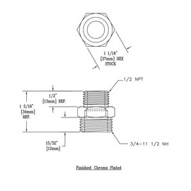 T&S Brass 005224-25 Adapter, 3/4-11.5" NH Male x 1/2" NPT Male