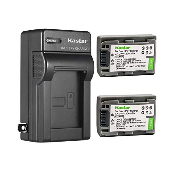 Kastar 2 Pack Battery and Charger for Sony NP-FP50 Handycam DCR-HC21 DCR-HC23 DCR-HC30 DCR-HC85 DCR-HC94 DCR-HC96 DCR-SR100 DCR-SR30 DCR-SR40 DCR-SR50 DCR-SR60 DCR-SR70 DCR-SR80 HDR-HC3 Camcorders