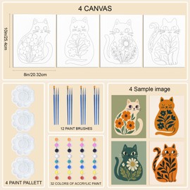 WEBEEDY 4 Packs Cat Pre Drawn Canvas for Painting Abstract Plant Cat Sip and Paint Kit for Adults, Pre Printed Canvas with Frame Ready to Paint for Art Party Home Wall Decor Unique Gift, 8x10 Inch