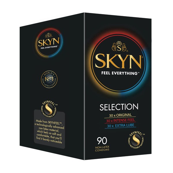 SKYN Selection Variety Box Set Condoms 90 Pieces/Variety Pack with 30 Original, 30 Intense Feel & 30 Extra Lube Condoms, Real Feel Skynfeel, Extra Thin, Soft & Moist