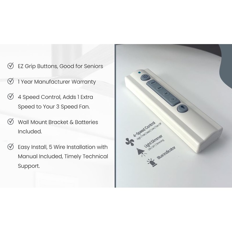 Universal Ceiling Fan Remote Control Kit EZ Grip Buttons, 4-Speed