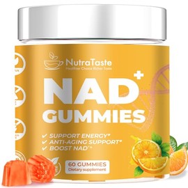 Suplemento de gomitas NAD+, resveratrol y ribósido de nicotinamida, antienvejecimiento, energía y enfoque, sabor naranja, vegano, sin azúcar, 60 unida