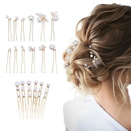 CRAFTYMELODY 30Pcs 2 Styles Bride Hair Pins Iron Hair Forks with Round ABS Plastic Imitation Pearl Light Gold Handmade Bridal U Shaped Barrette Pin Hair Accessories Set for Brides Bridesmaids Women