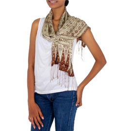 NOVICA Artisan Handmade Silk Batik Scarf Floral Red Yellow Indonesia Accessories Scarves Patterned 'Budding Jasmine'