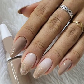 Medium Press on Nails Brown Almond Shaped Fake Nails Gradient Color Glue on Nails Natural Full Cover Glitter French Tip False Stick on Nails Gloss Acrylic Nails for Women Girls 24 Pcs