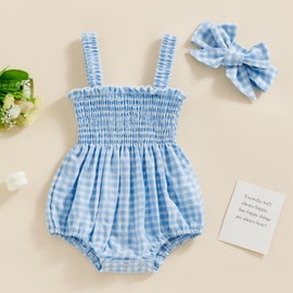 Tsseiatte Newborn Baby Girl Summer Bodysuit One Piece Ruffle Strap Romper Jumpsuit Cotton Blend Playsuit with Headband (F-plaid blue, 3-6 Months)