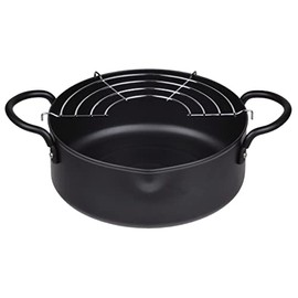 Pearl Metal HB-6152 Tempura Pot, 7.9 inches (20 cm), Both Hands, Iron, Induction Compatible, All Heat Sources, Frying Net, Black, Only One Stage