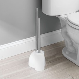 iDesign Plastic Toilet Bowl Plunger Set, Slim Compact Combo for Cleaner Storage, Ideal for Master, Kids', Guest, Office Bathroom, 7.5" x 6" x 19", White and Brushed Stainless Steel