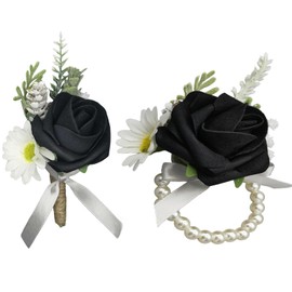 Floraest Corsage and Boutonniere Set Elegant Black Artificial Rose Corsage Boutonniere for Men Prom, Wedding Groom Groomsmen Bride Bridesmaids, Homecoming, and Formal Events (Black-1 Sets)