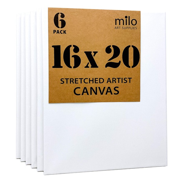 milo Stretched Artist Canvas | 16x20 inch | Value Pack of 6 Canvases for Painting, Primed & Ready to Paint Art Supplies for Acrylic, Oil, Mixed Wet Media, & Pouring, 100% Cotton with Pine Wood Frame