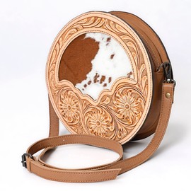 Merbaa Western Canteen Round Bag Handtooled Cowhide Leather Messenger Bag - Vintage Crossbody Shoulder Bag - Hobo Crossbody Bag, Women Shoulder Bag Traveling Workout-Hobo Trendy Design Shoulder Purse