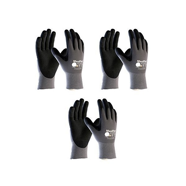 ATG 3 Pack MaxiFlex Endurance 34-844 Seamless Knit Nylon Work Glove with Nitrile Coated Grip on Palm & Fingers, Sizes Small to X-Large (Large), Black and gray (34-844 - LARGE - 3/PACK)